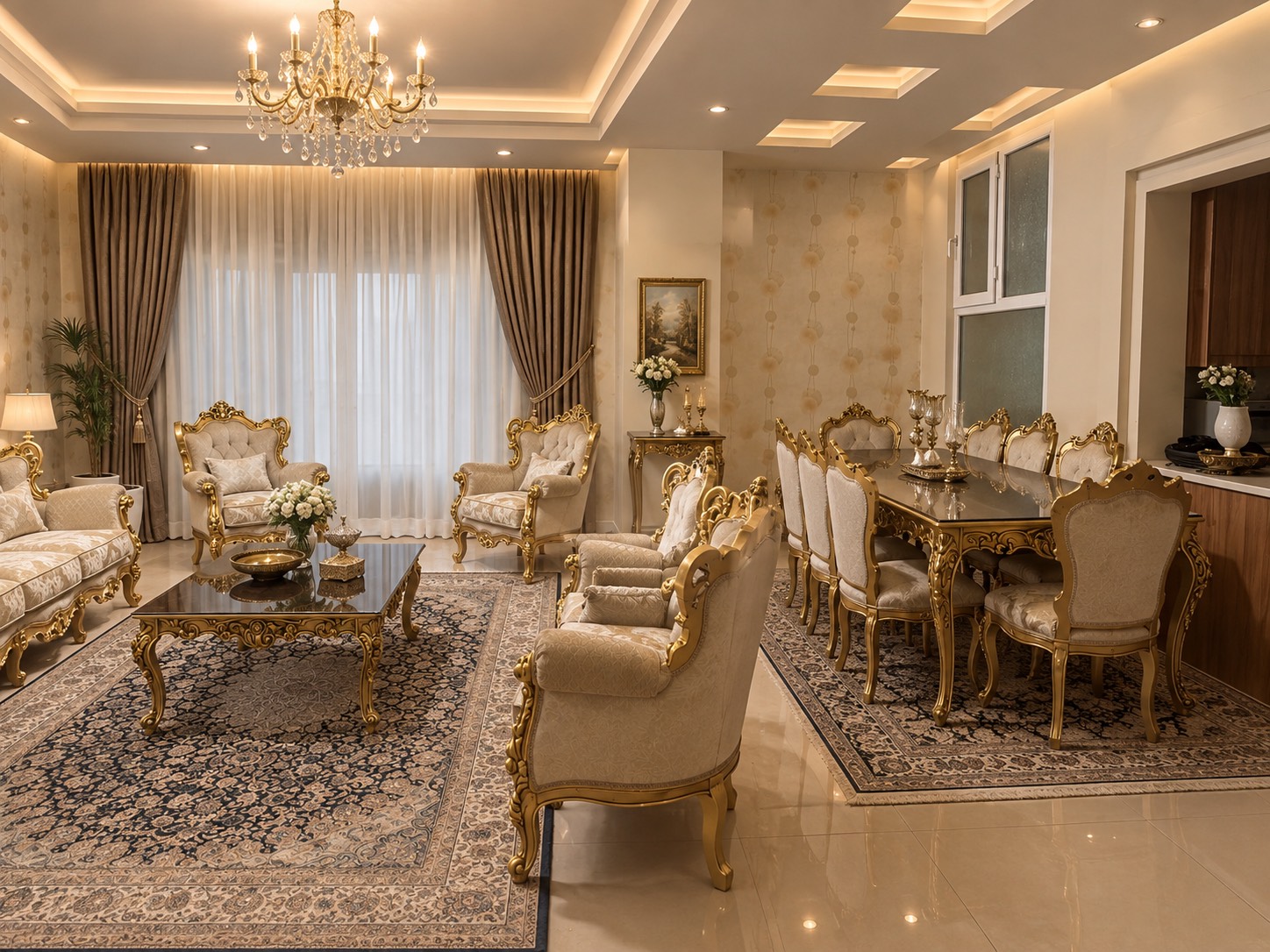 مبلمان استیل کلاسیک۷نفره،همراه میز ناهارخوری ۸نفره ورق طلا